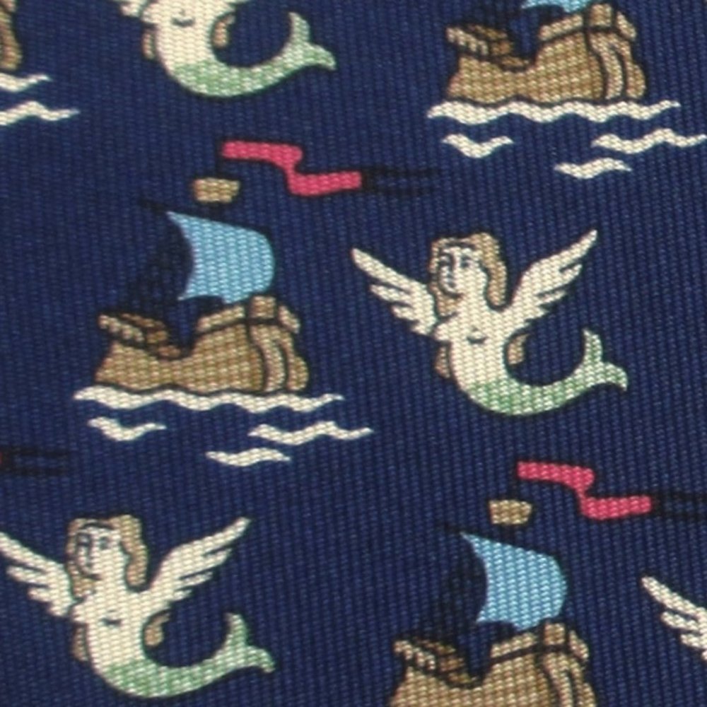 100% REAL HERMES TIE - NAVY BLUE w FUN MERMAIDS & SHIPS FLAGS SAILING BOATS FLAG